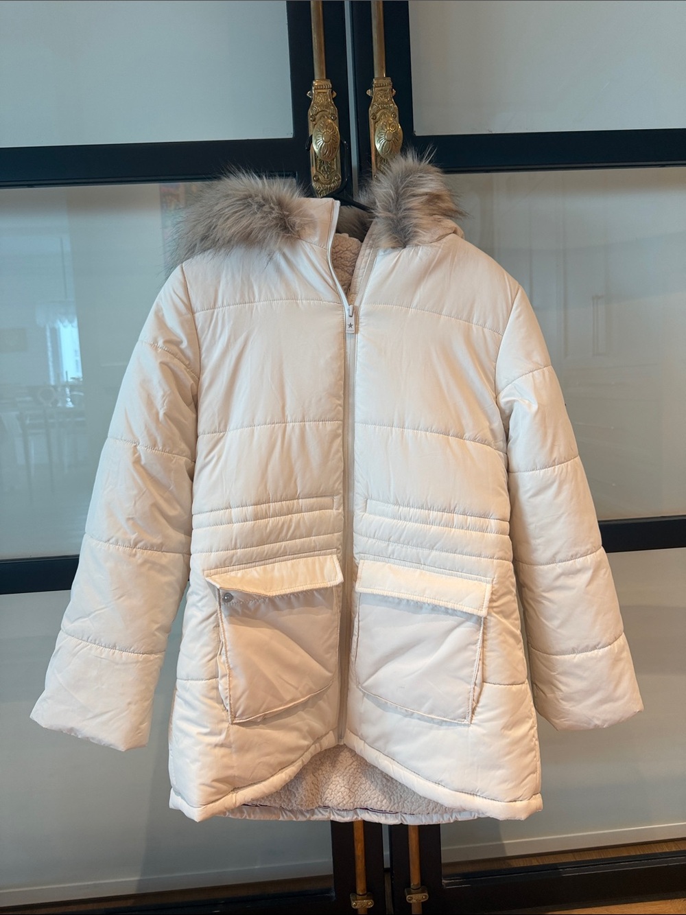 Kids Cream Puffer Coat with Faux Fur hood trim